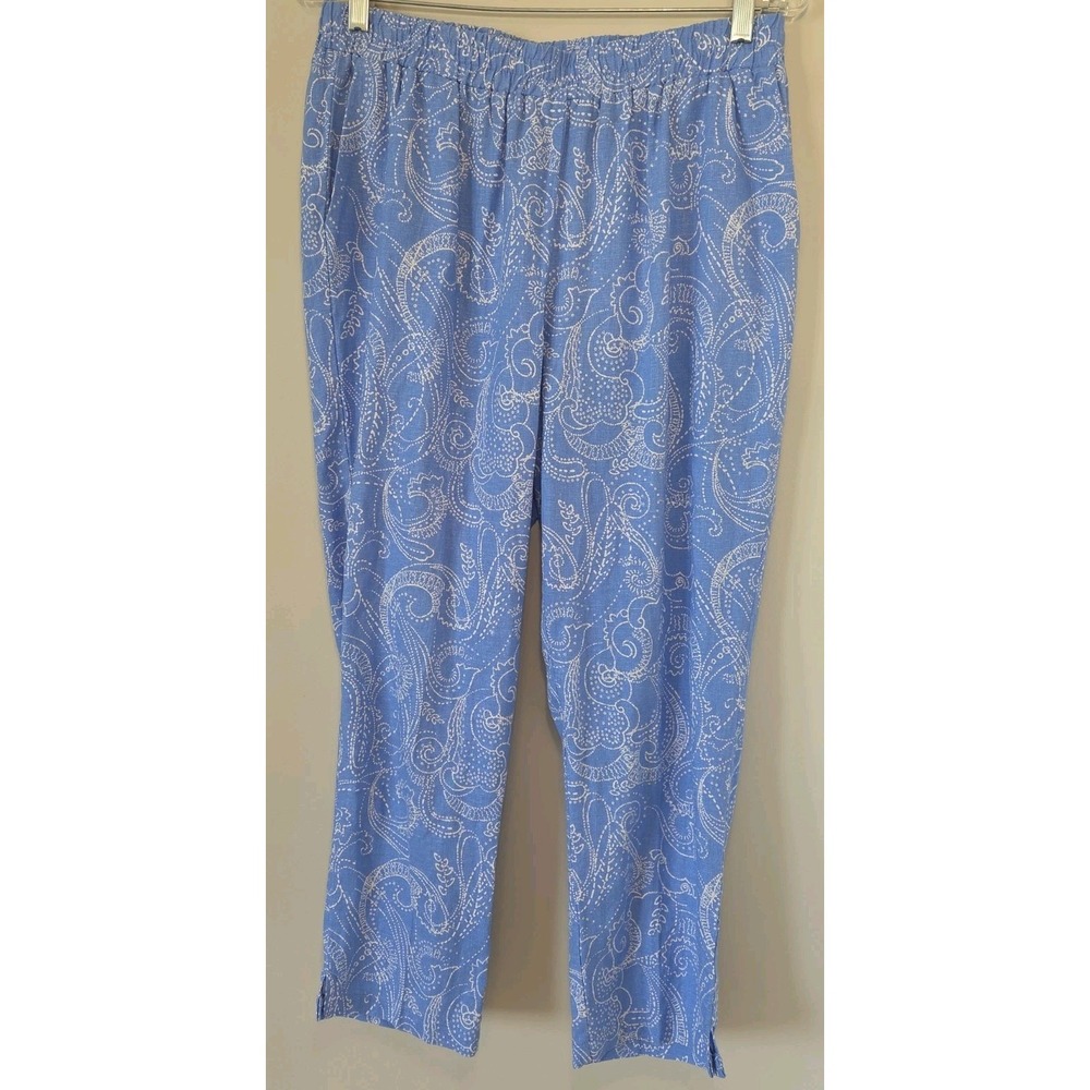 Jessica London Womens Linen Pants Cropped Blue Paisley Elastic Waistband 14W